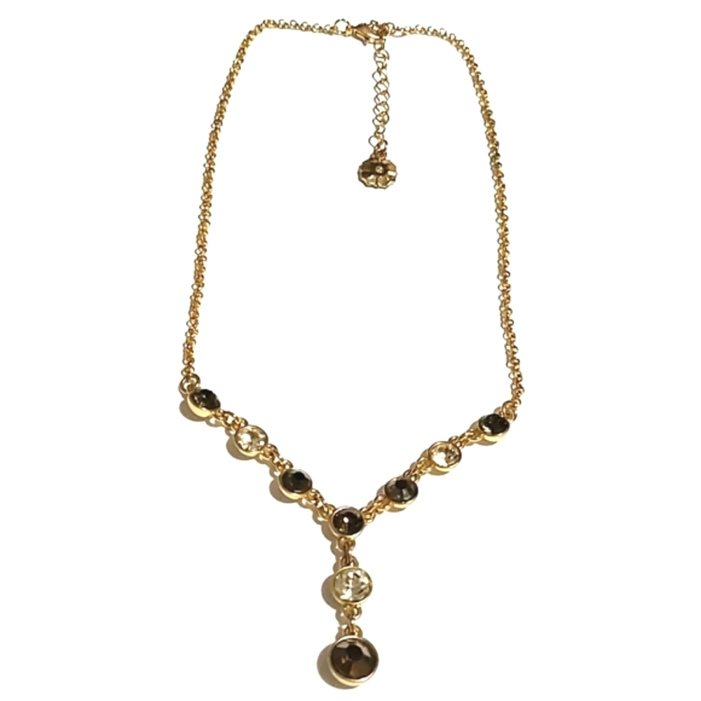 MONET VINTAGE GOLD-TONE DARK GRAY AND CLEAR RHINESTONE Y-SHAPED 15-18" NECKLACE